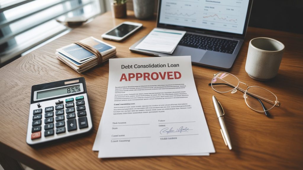 Best debt consolidation loans 2026 approved loan contract document on desk with calculator and financial paperwork