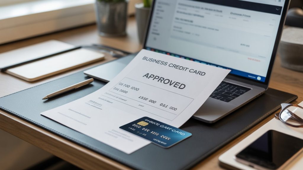 Best high limit business credit cards 2026 approved credit card application document on desk with laptop and business paperwork
